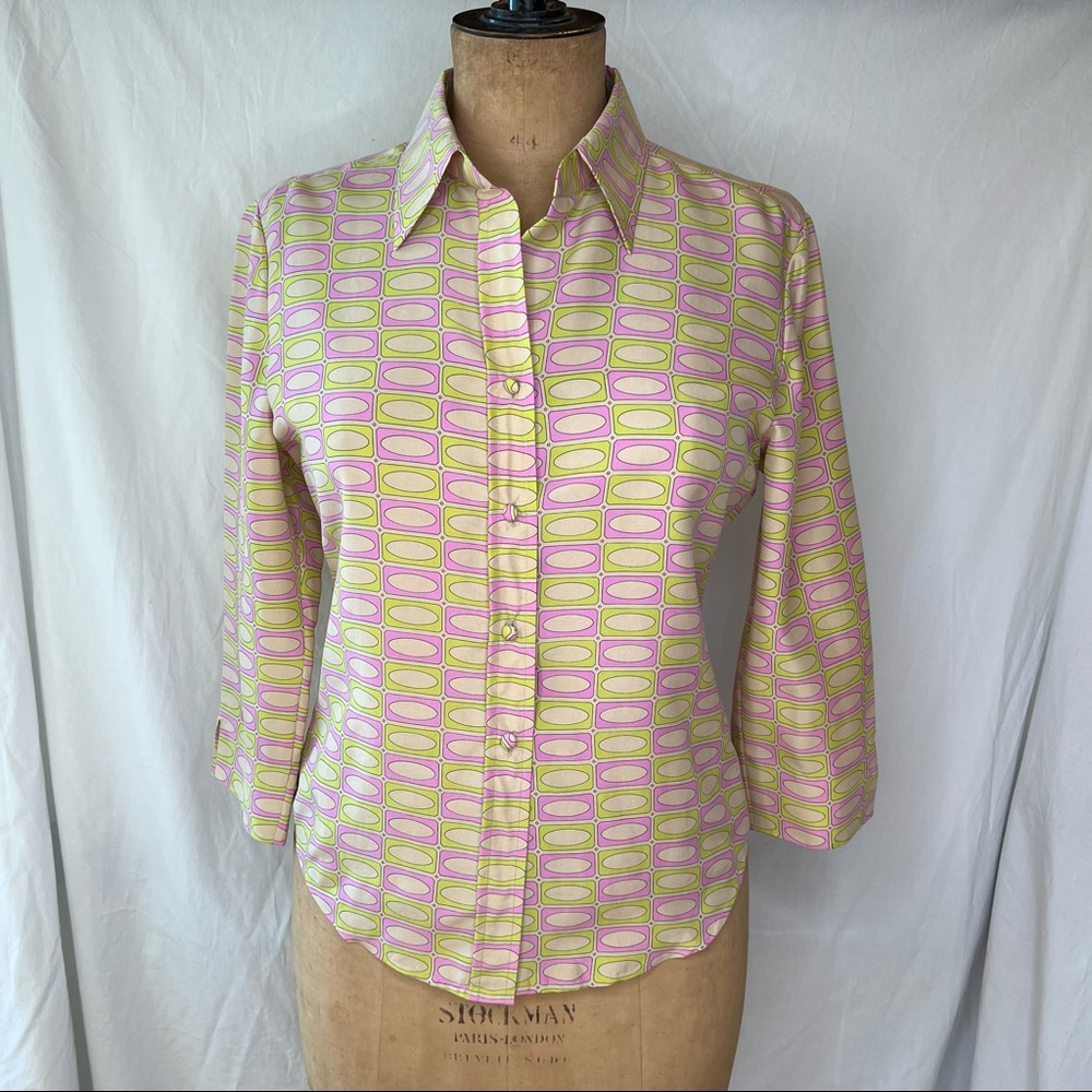 Tibi Pink and Lime Geometric Button-Front Blouse
